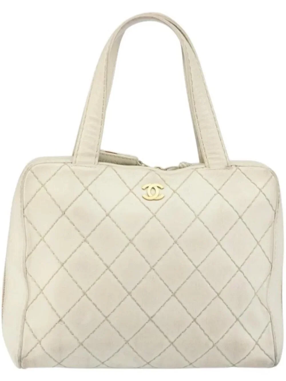 CHANEL Wild Stitch Hand Bag Leather White Gold CC Auth BA6858
